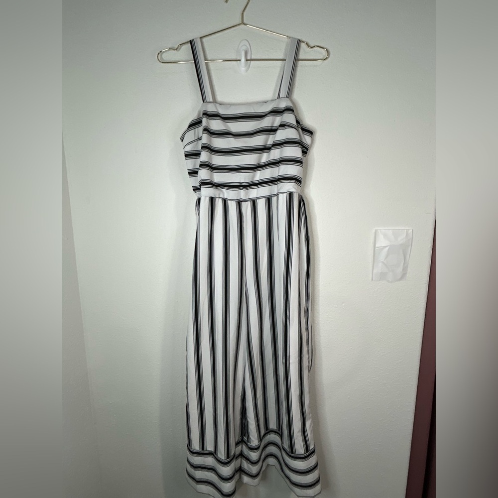 Midnight Sky Black White Striped Wide Leg Jumpsuit Sleeveless Summer One Piece L - Picture 2 of 6